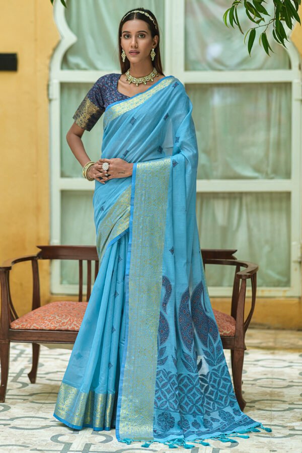 Pastel Blue Pure Cotton Saree